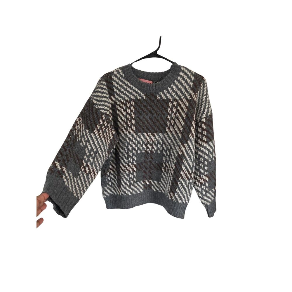Judy Shop Geometric Plaid Argyle Chunky Crewneck Sweater L